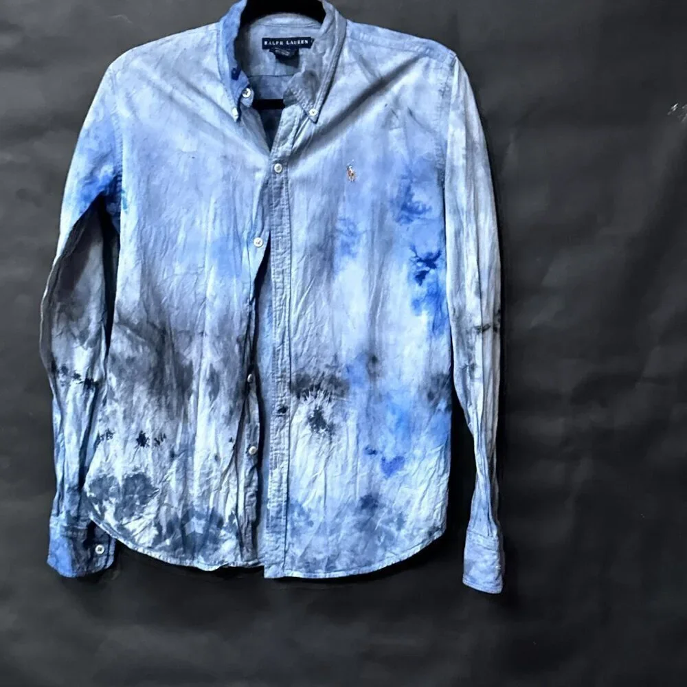 Ralph Lauren Cotton Blue Shirt Tie Dye  Casual Button Down Dress Size 16 Xl